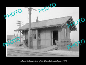 OLD LARGE HISTORIC PHOTO OF ATHENS INDIANA, THE ERIE RAILROAD DEPOT c1910