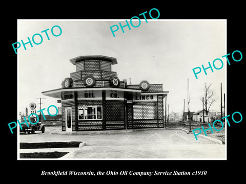 OLD LARGE HISTORIC PHOTO OF BROOKFIELD WISCONSIN, THE OHIO OIL GAS STATION c1930