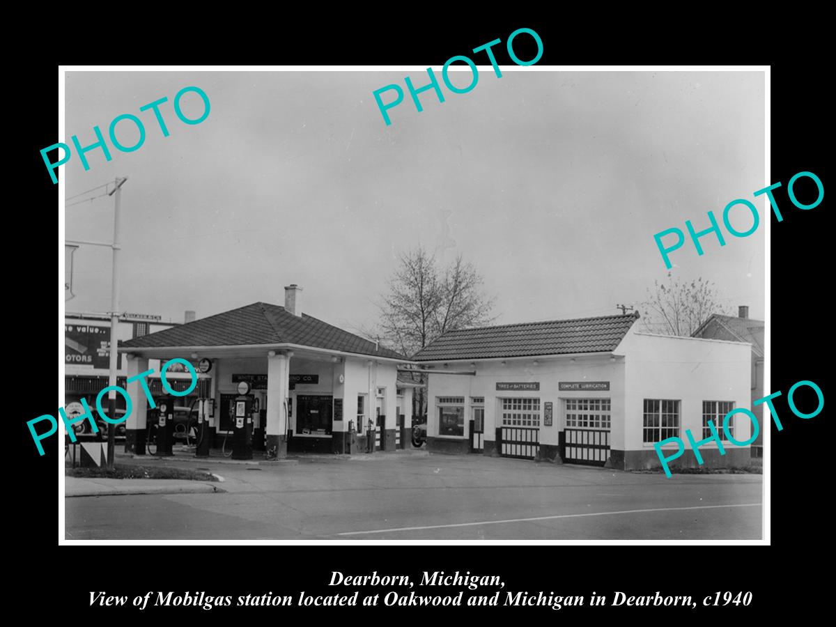 OLD LARGE HISTORIC PHOTO OF DEARBORN MICHIGAN, THE MOBIL OIL GAS STATION c1940