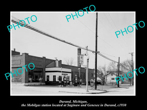 OLD LARGE HISTORIC PHOTO OF DURAND MICHIGAN, THE MOBIL OIL GAS STATION c1930