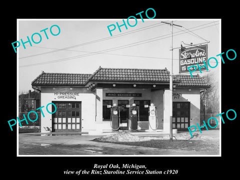 OLD LARGE HISTORIC PHOTO OF ROYAL OAK MICHIGAN, STAROLINE OIL GAS STATION 1920