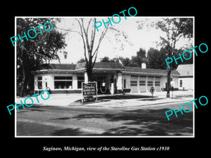 OLD LARGE HISTORIC PHOTO OF SAGINAW MICHIGAN, STAROLINE OIL GAS STATION 1930