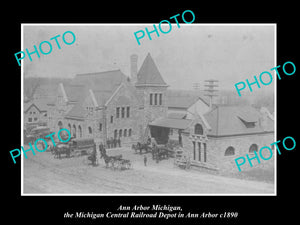 OLD LARGE HISTORIC PHOTO OF ANN ARBOR MICHIGAN, VIEW OF THE RAILROAD DEPOT c1890