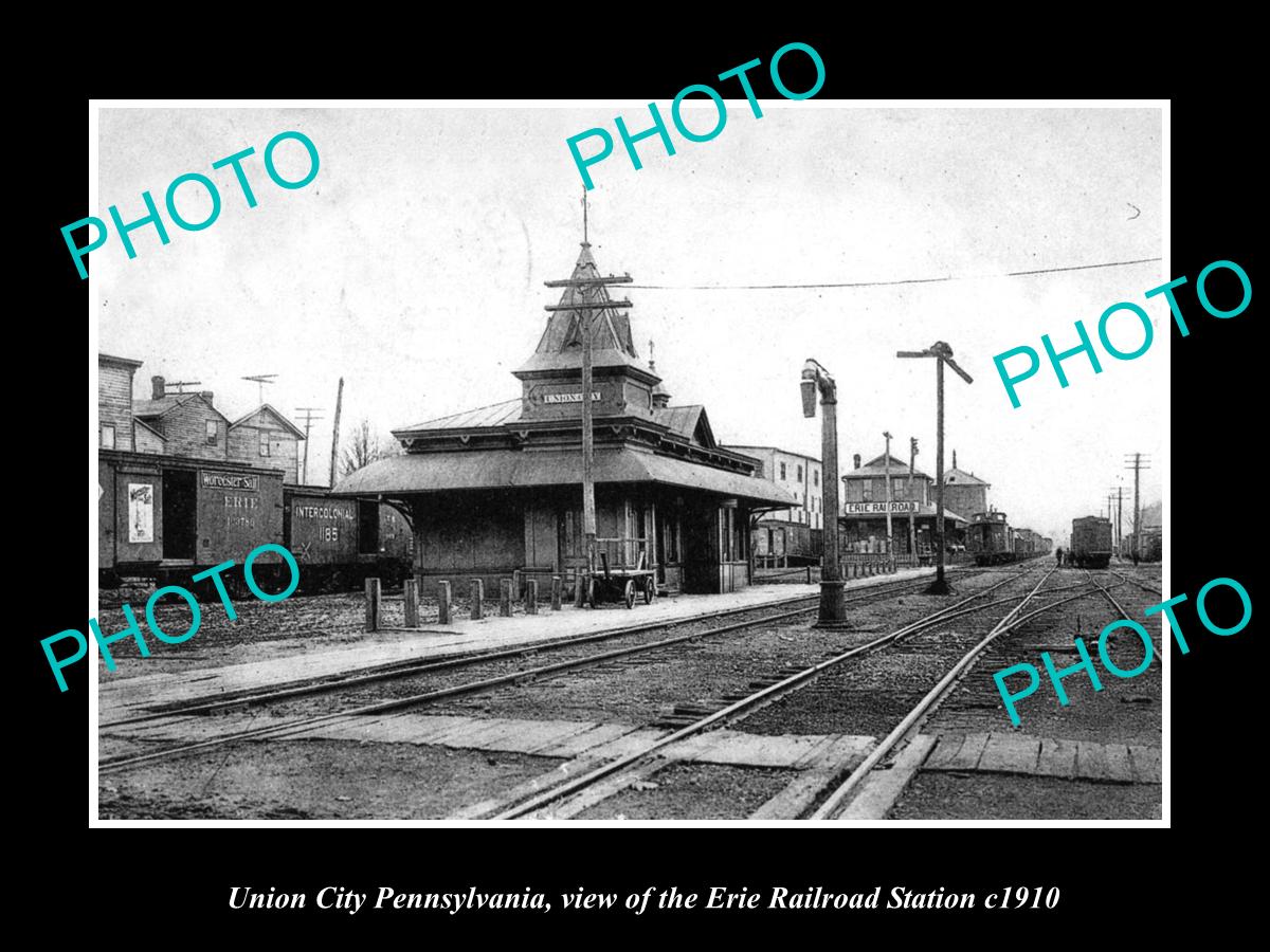 OLD LARGE HISTORIC PHOTO OF UNION CITY PENNSYLVANIA, ERIE RAILROAD STATION c1910