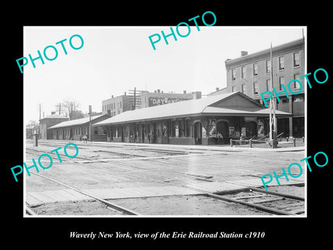 OLD LARGE HISTORIC PHOTO OF WAVERLY NEW YORK, ERIE RAILROAD STATION c1910