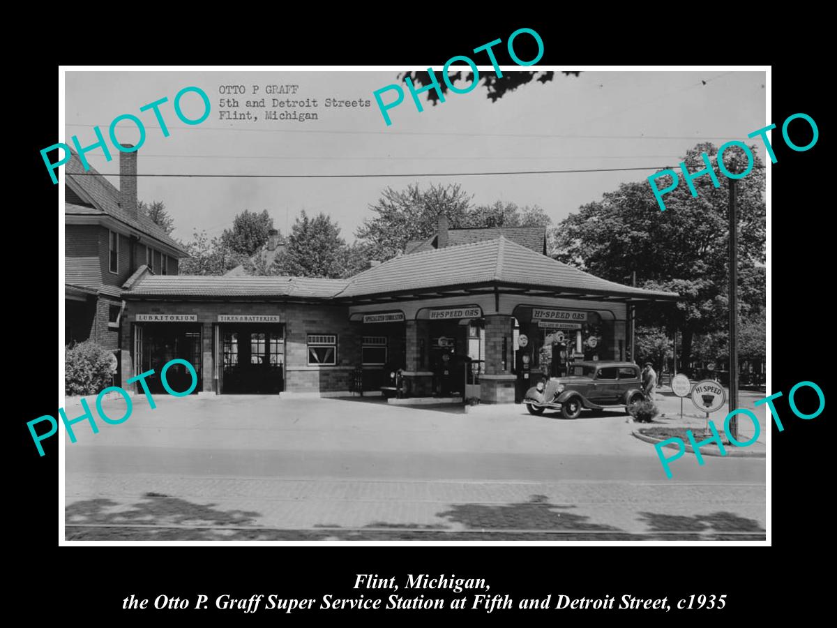 OLD LARGE HISTORIC PHOTO OF FLINT MICHIGAN, FORD HI SPEED GAS STATION c1935