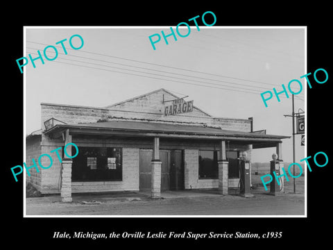 OLD LARGE HISTORIC PHOTO OF HALE MICHIGAN, THE FORD MOTORS GAS STATION c1935