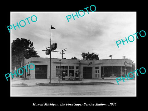 OLD LARGE HISTORIC PHOTO OF HOWELL MICHIGAN, FORD MOTORS GAS STATION c1935