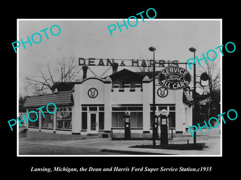 OLD LARGE HISTORIC PHOTO OF LANSING MICHIGAN, FORD MOTORS GAS STATION c1935