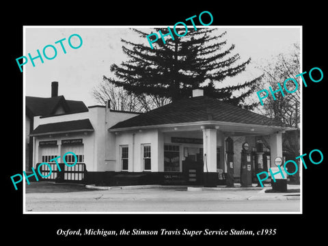 OLD LARGE HISTORIC PHOTO OF OXFORD MICHIGAN, SUPER SERVICE GAS STATION c1935