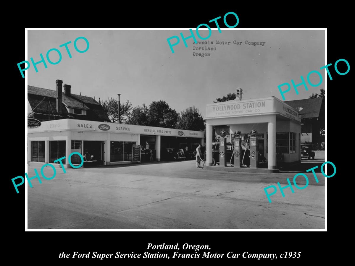 OLD LARGE HISTORIC PHOTO OF PORTLAND OREGON, FORD MOTORS GAS STATION c1935