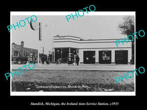 OLD LARGE HISTORIC PHOTO OF STANDISH MICHIGAN, IRELAND FORD GAS STATION c1935