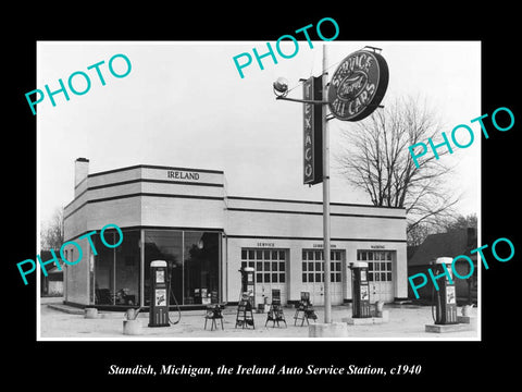 OLD LARGE HISTORIC PHOTO OF STANDISH MICHIGAN, IRELAND FORD GAS STATION c1940