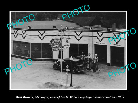 OLD LARGE HISTORIC PHOTO OF WEST BRANCH MICHIGAN, FORD MOTORS GAS STATION c1935