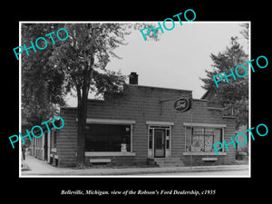 OLD LARGE HISTORIC PHOTO OF BELLEVILLE MICHIGAN, FORD MOTORS DEALERSHIP c1935