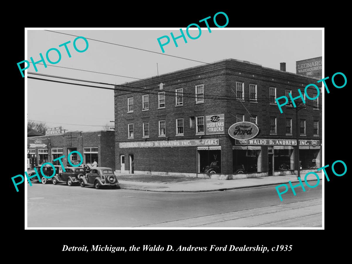 OLD LARGE HISTORIC PHOTO OF DETROIT MICHIGAN, THE ANDREWS FORD DEALERSHIP c1935