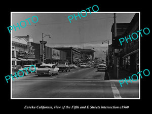 OLD LARGE HISTORIC PHOTO OF EUREKA CALIFORNIA, VIEW OF FIFTH ST & E STREET c1960