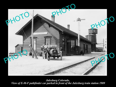 OLD HISTORIC PHOTO OF JULESBURG COLORADO, EMF CAR AT RAILROAD STATION c1909