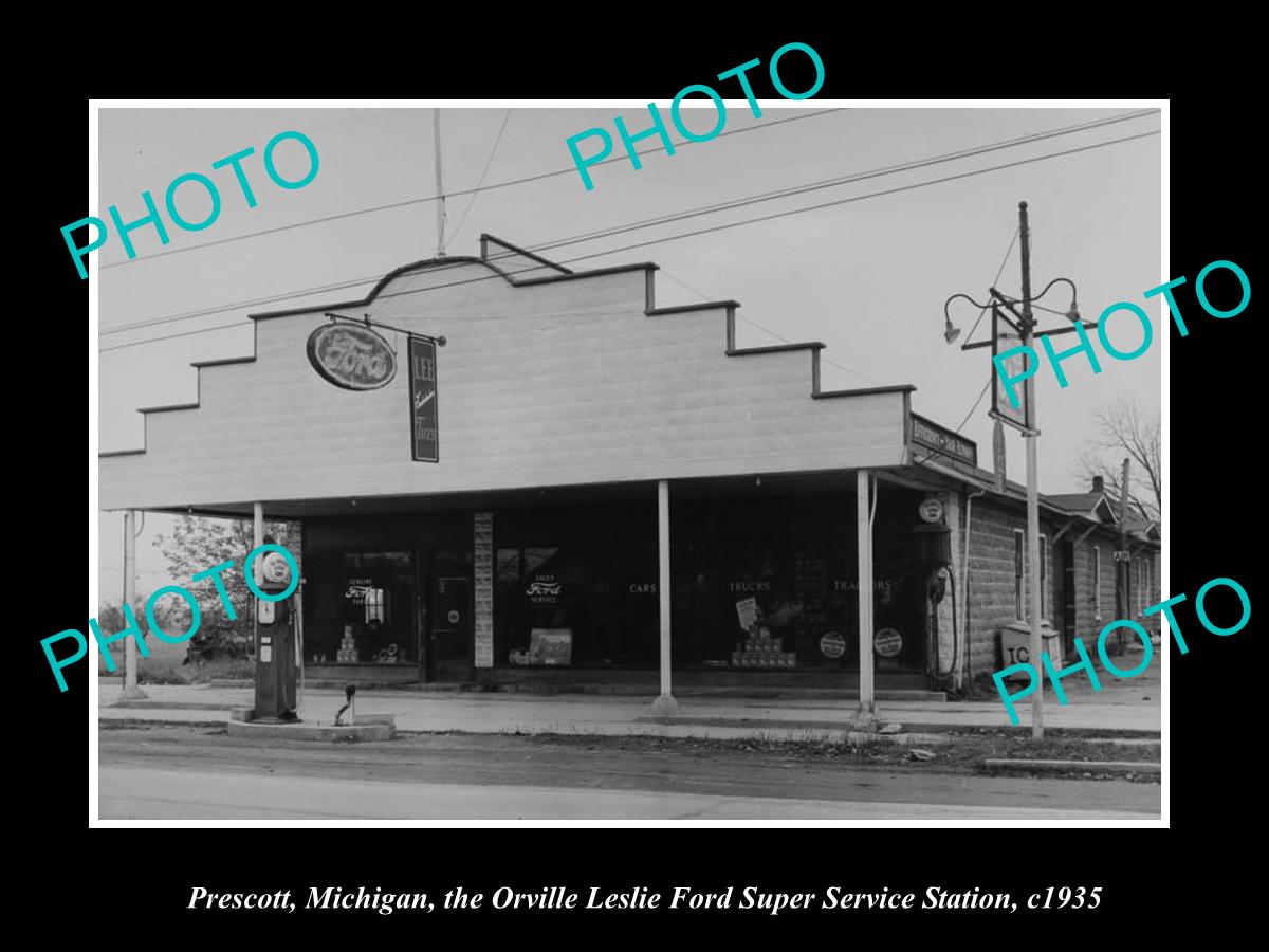 OLD LARGE HISTORIC PHOTO OF PRESCOTT MICHIGAN, THE FORD DSERVICE STATION c1935