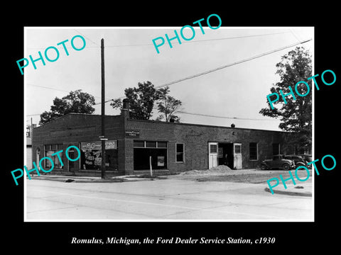 OLD LARGE HISTORIC PHOTO OF ROMULUS MICHIGAN, THE FORD CAR DEALERSHIP c1930