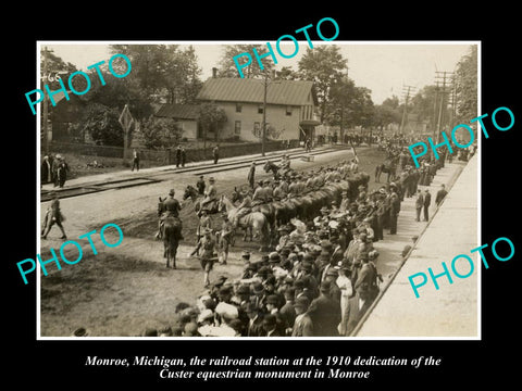 OLD HISTORIC PHOTO OF MONROE MICHIGAN, THE CUSTER DEDICATION & STATION c1910