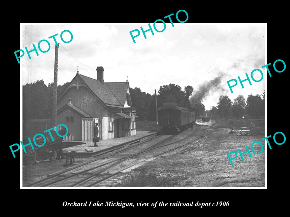 OLD HISTORIC PHOTO OF ORCHARD LAKE MICHIGAN, VIEW OF THE RAILROAD STATION c1900