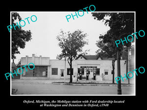 OLD LARGE HISTORIC PHOTO OF OXFORD MICHIGAN, VIEW OF THE MOBIL GAS STATION c1940