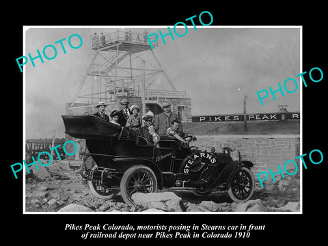 OLD HISTORIC PHOTO OF PIKES PEAK COLORADO, STEARNS CAR & RAILROAD STATION c1910