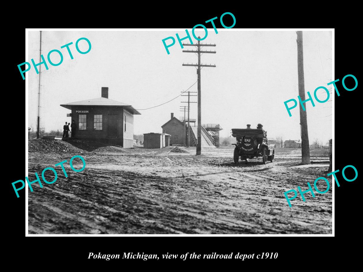 OLD LARGE HISTORIC PHOTO OF POKAGON MICHIGAN, VIEW OF THE RAILROAD STATION c1910