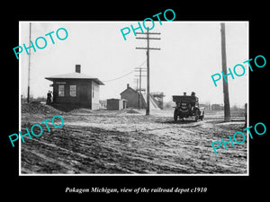 OLD LARGE HISTORIC PHOTO OF POKAGON MICHIGAN, VIEW OF THE RAILROAD STATION c1910