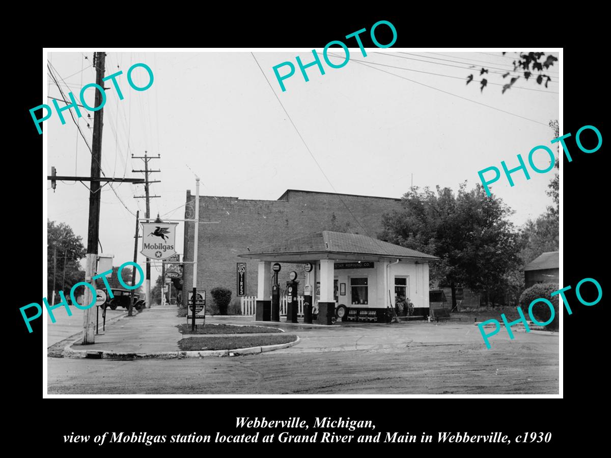 OLD LARGE HISTORIC PHOTO OF WEBBERVILLE MICHIGAN, THE MOBIL OIL GAS STATION 1930