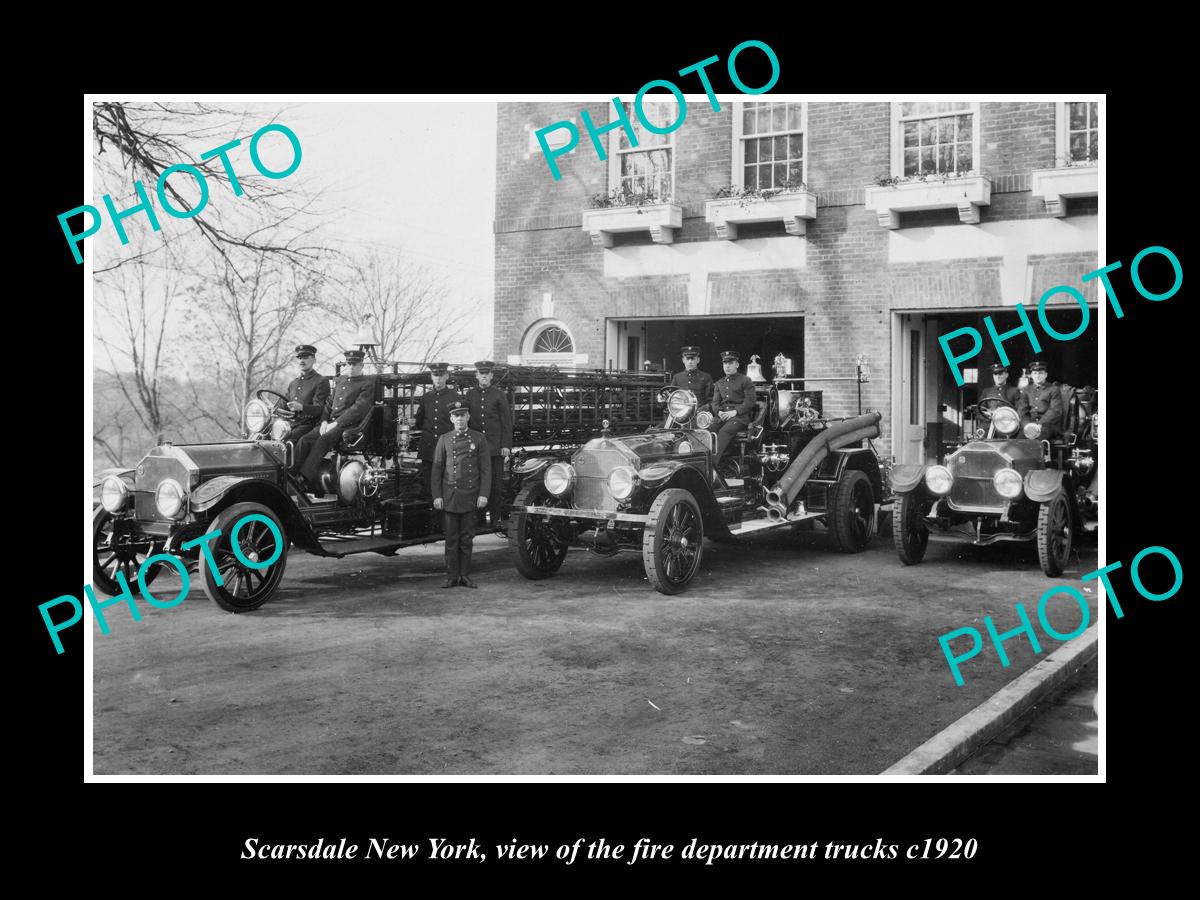 OLD LARGE HISTORIC PHOTO OF SCARSDALE NEW YORK, FIRE DEPARTMENT TRUCKS c1920