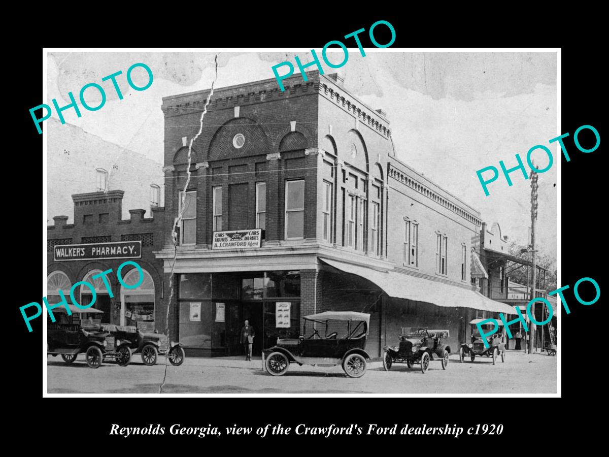 OLD LARGE HISTORIC PHOTO OF REYNOLDS GEORGIA, CRAWFORD FORD CAR DEALERSHIP c1920