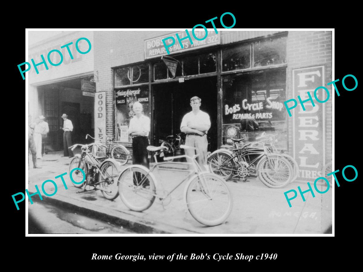 OLD LARGE HISTORIC PHOTO OF ROME GEORGIA, VIEW OF BOBS CYCLE SHOP c1940