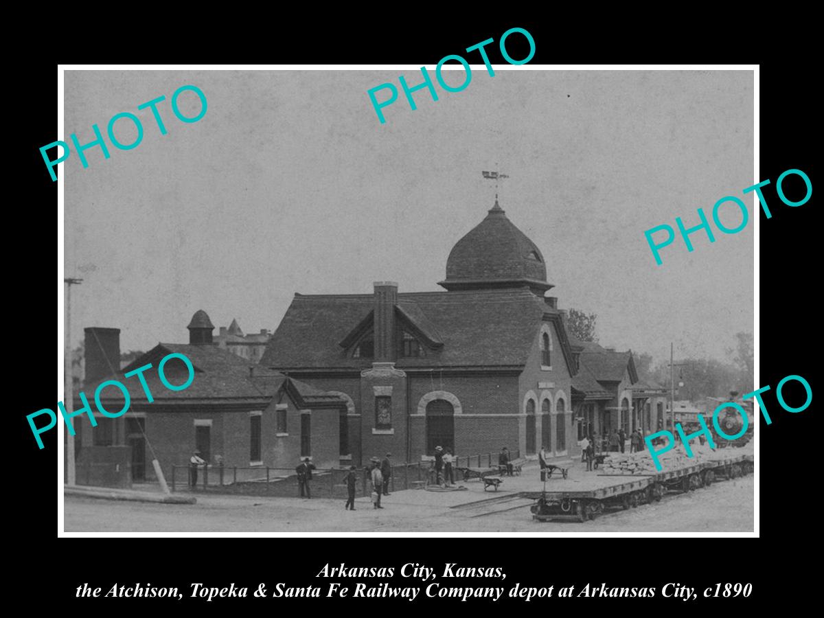 OLD LARGE HISTORIC PHOTO OF ARKANSAS CITY KANSAS, SANTA FE RAILROAD DEPOT c1890