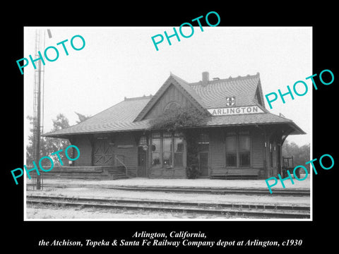 OLD LARGE HISTORIC PHOTO OF ARLINGTON CALIFORNIA, SANTA FE RAILROAD DEPOT c1930