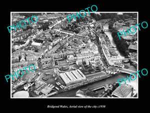 OLD LARGE HISTORIC PHOTO OF BRIDGEND WALES UK, AERIAL VIEW OF THE CITY c1950