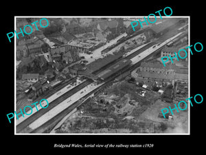 OLD LARGE HISTORIC PHOTO OF BRIDGEND WALES, AERIAL VIEW OF RAILWAY STATION c1920