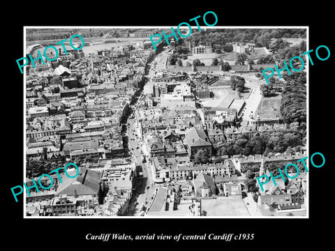 OLD LARGE HISTORIC PHOTO OF CARDIFF WALES, AERIAL VIEW OF THE CITY CENTER c1935