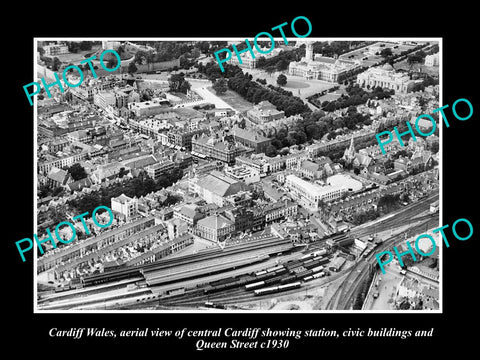 OLD LARGE HISTORIC PHOTO OF CARDIFF WALES, AERIAL VIEW OF RAILWAY STATION c1930