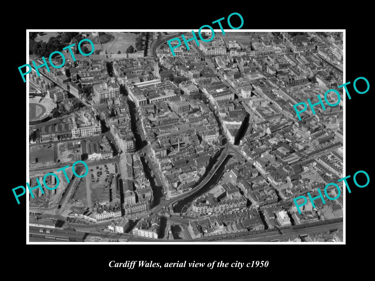 OLD LARGE HISTORIC PHOTO OF CARDIFF WALES, AERIAL VIEW OF THE CITY CENTRE c1950