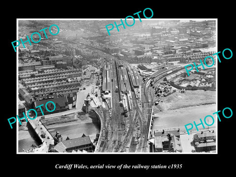 OLD LARGE HISTORIC PHOTO OF CARDIFF WALES, AERIAL VIEW OF RAILWAY STATION c1935