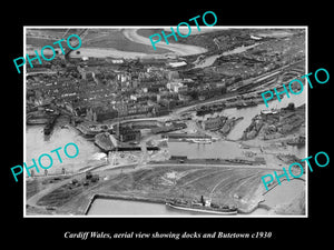 OLD LARGE HISTORIC PHOTO OF CARDIFF WALES, AERIAL VIEW OF DOCKS & BUTETOWN c1930