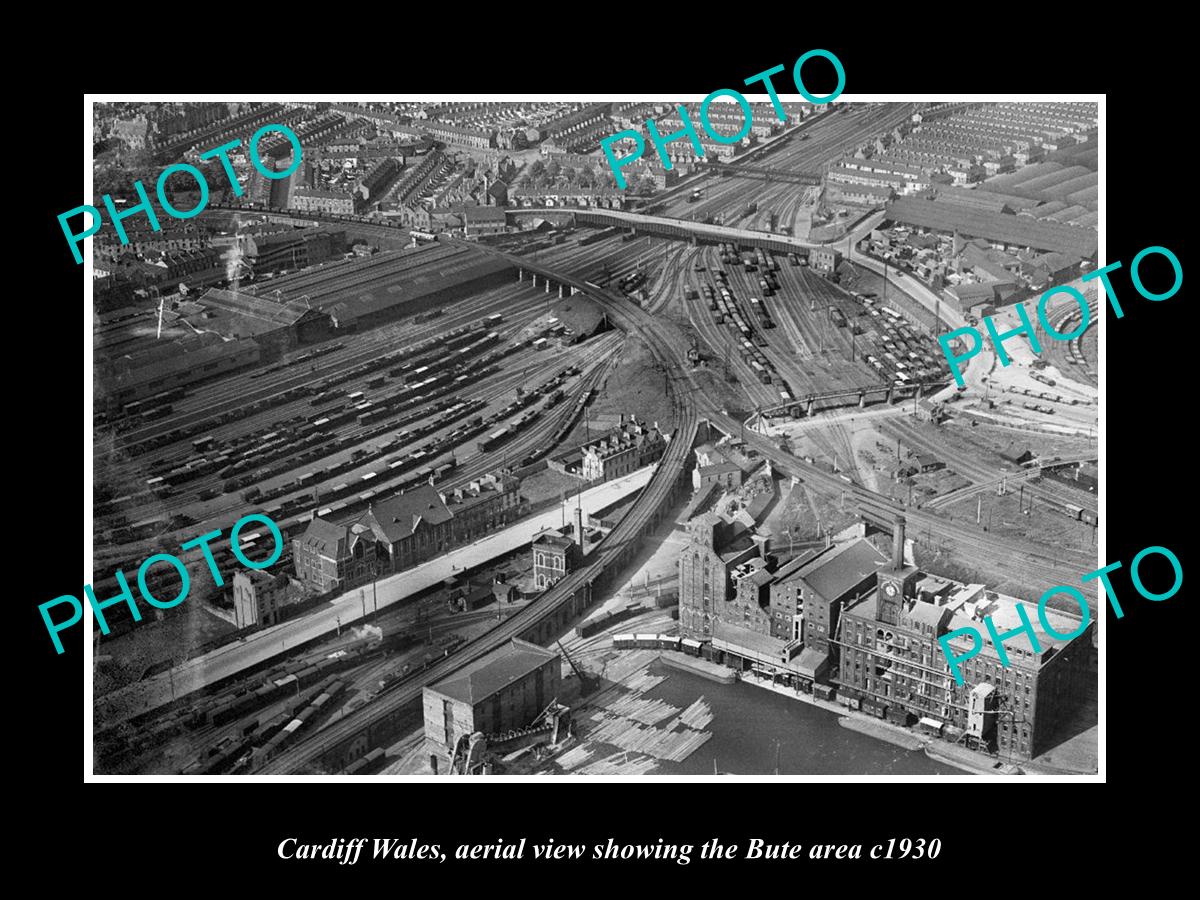 OLD LARGE HISTORIC PHOTO OF CARDIFF WALES, AERIAL VIEW OF THE BUTE AREA c1930