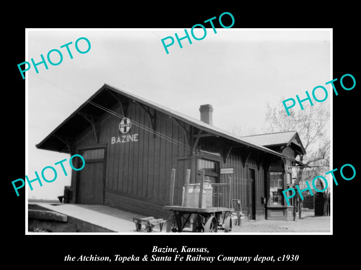 OLD LARGE HISTORIC PHOTO OF BAZINE KANSAS, THE SANTA FE RAILROAD DEPOT