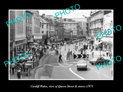 OLD LARGE HISTORIC PHOTO OF CARDIFF WALES, VIEW OF QUEEN ST & STORES c1975