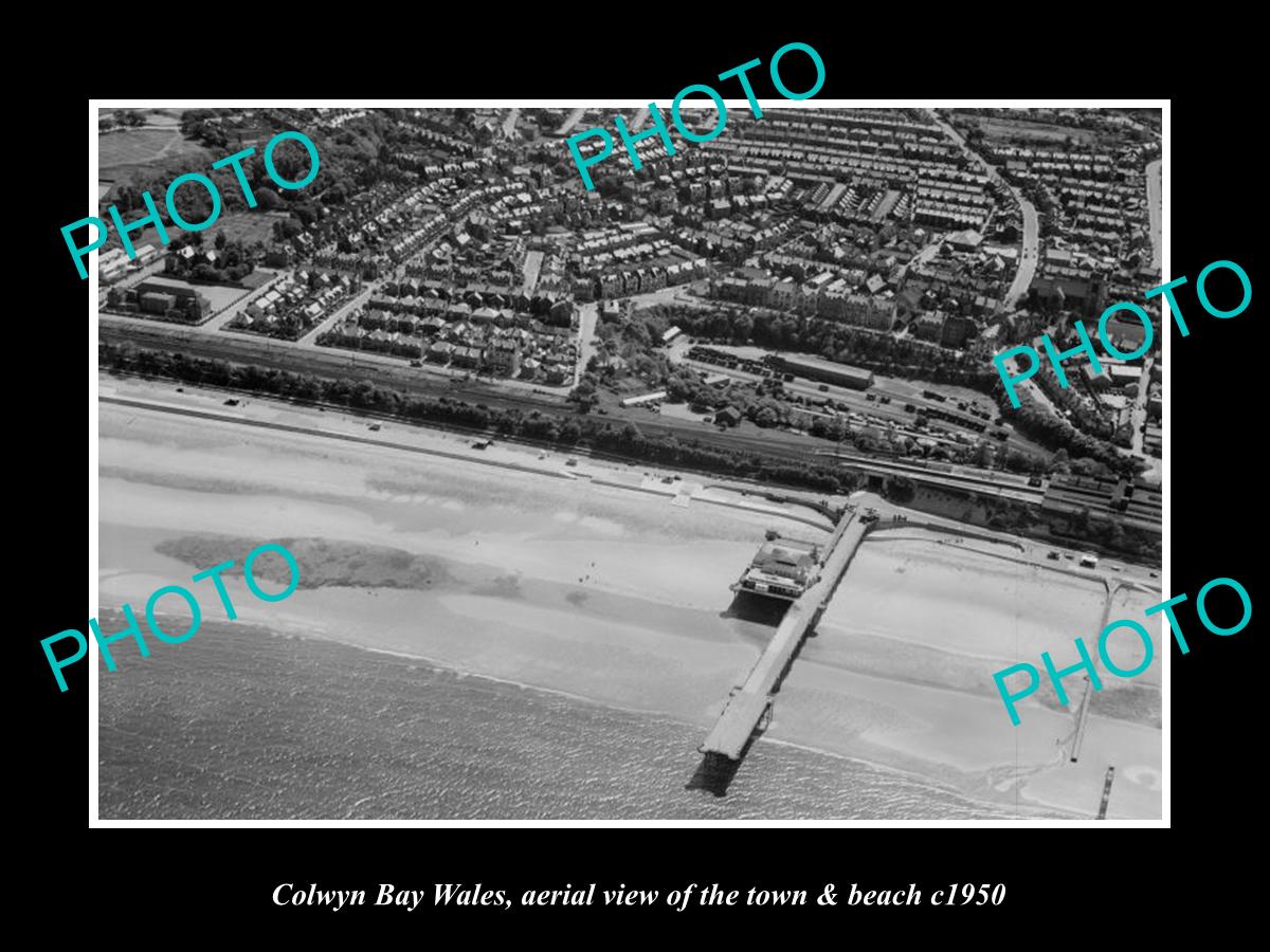 OLD LARGE HISTORIC PHOTO OF COLWYN BAY WALES, AERIAL VIEW OF TOWN & BEACH c1950