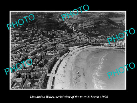 OLD LARGE HISTORIC PHOTO OF LLANDUDNO WALES, AERIAL VIEW OF TOWN & BEACH c1920