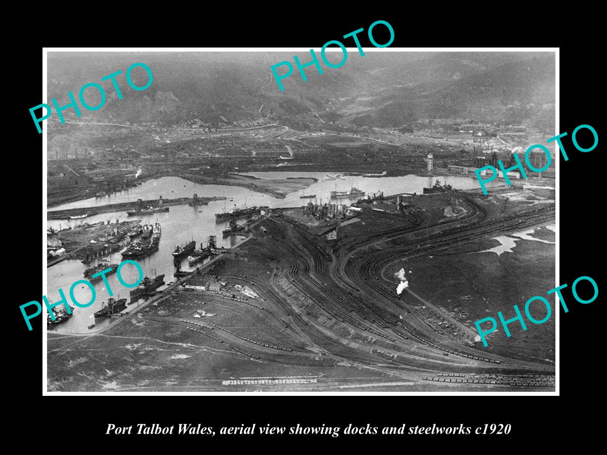 OLD LARGE HISTORIC PHOTO PORT TALBOT WALES, AERIAL VIEW DOCKS & STEELWORKS c1920