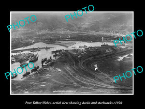 OLD LARGE HISTORIC PHOTO PORT TALBOT WALES, AERIAL VIEW DOCKS & STEELWORKS c1920